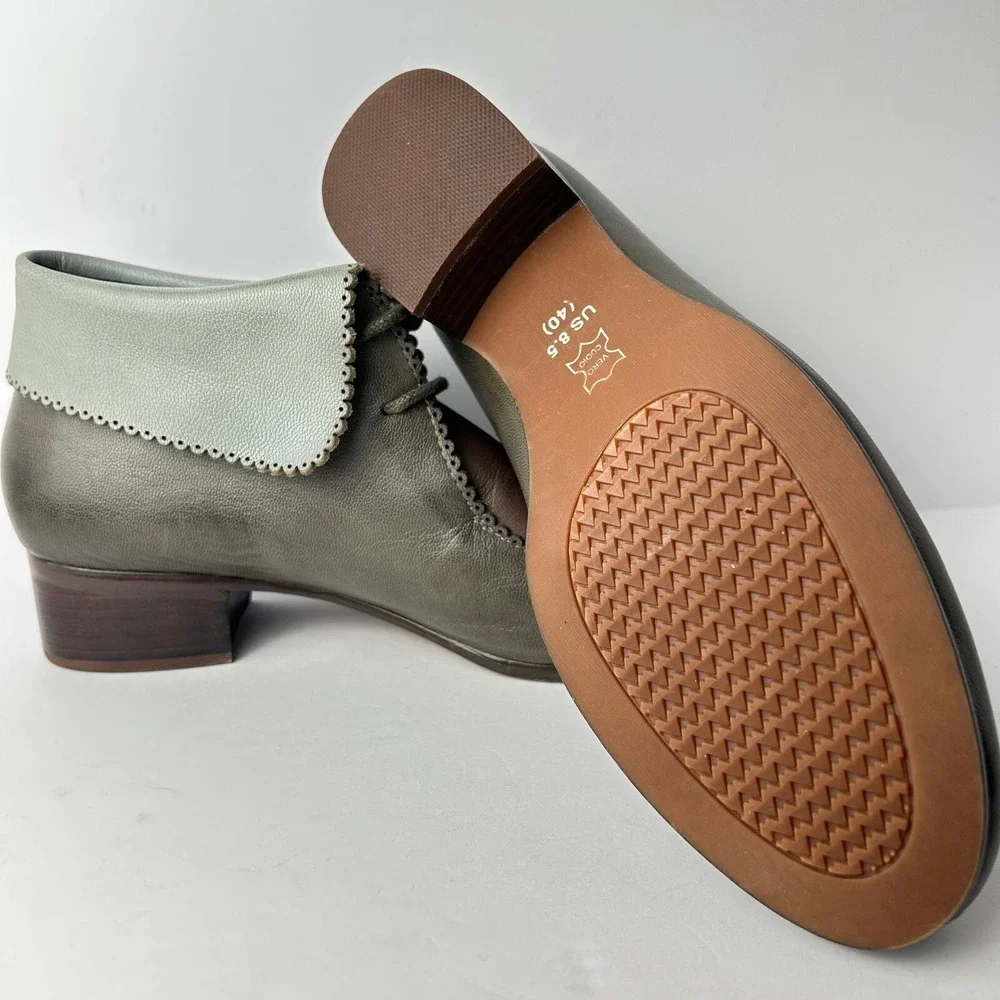 Mona Flying Leather Ankle Boots Block Heel Lace Up Scalloped Trim US 8.5,‎ EU 40
